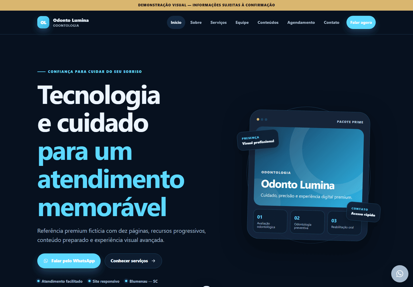 Preview desktop real do modelo Prime da Novaen para a Odonto Lumina